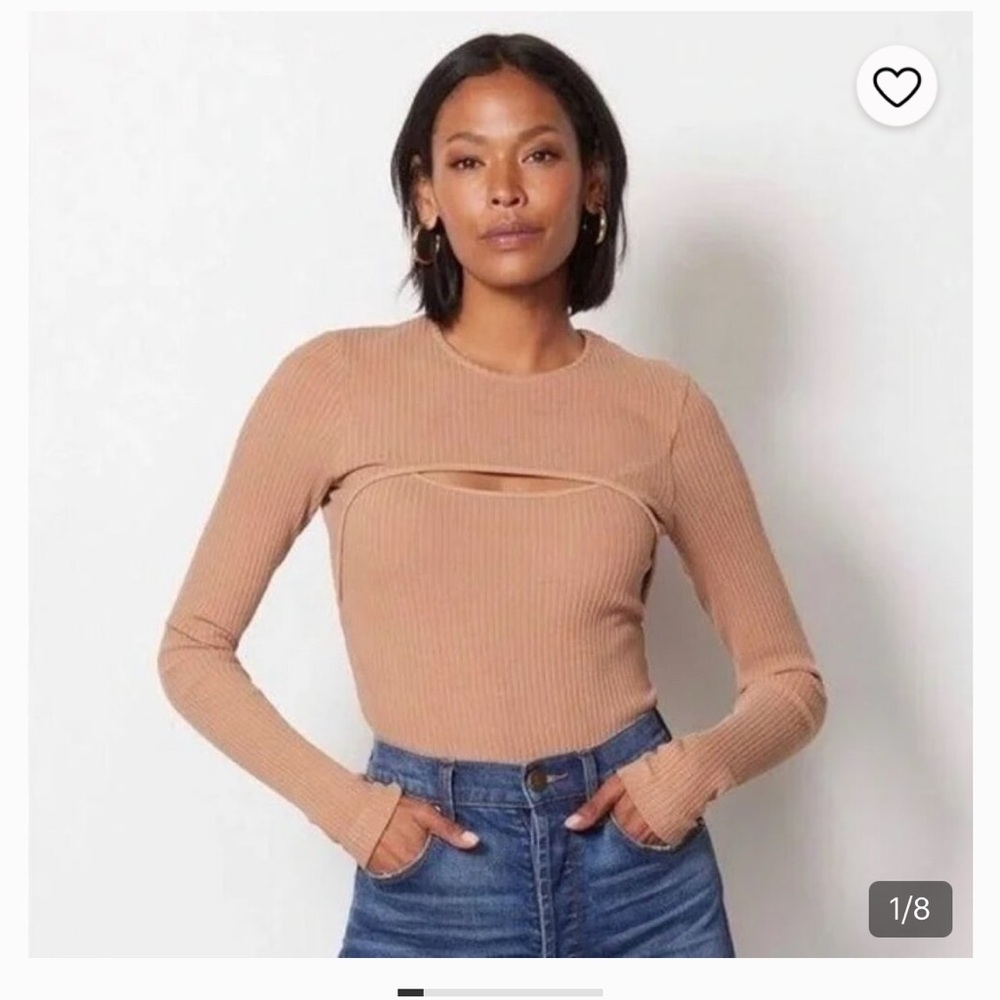 Agolde Lyza Cut Out Rib Knit Top Size large Organic Cotton Brown Tan Pullover